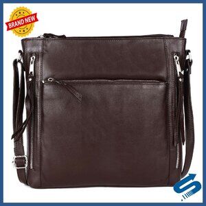 Large Genuine Leather Crossbody Bag with Multiple Zipper Compartments